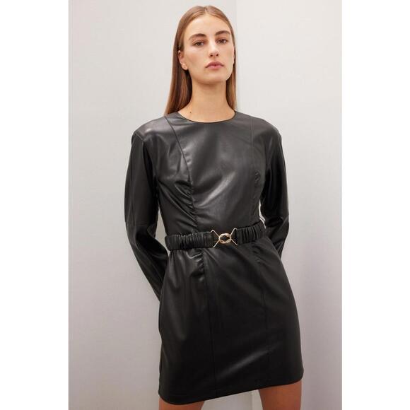 Ronny Kobo x RTR Black Faux Leather Belted Mini Dress with Small Dents - Picture 1 of 6
